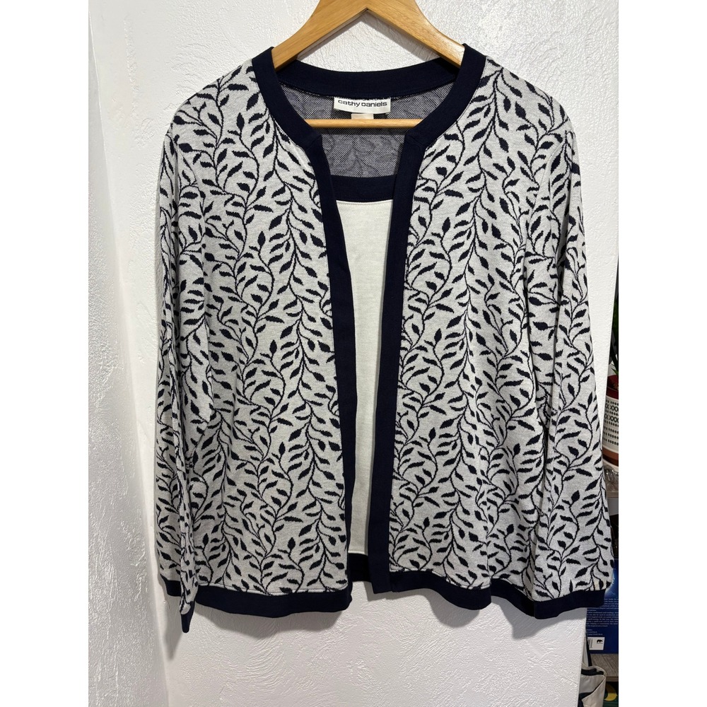 Cathy Daniels Womens Navy Blue White Leaf Print 2-in-1 Cardigan Sweater L 6393 2